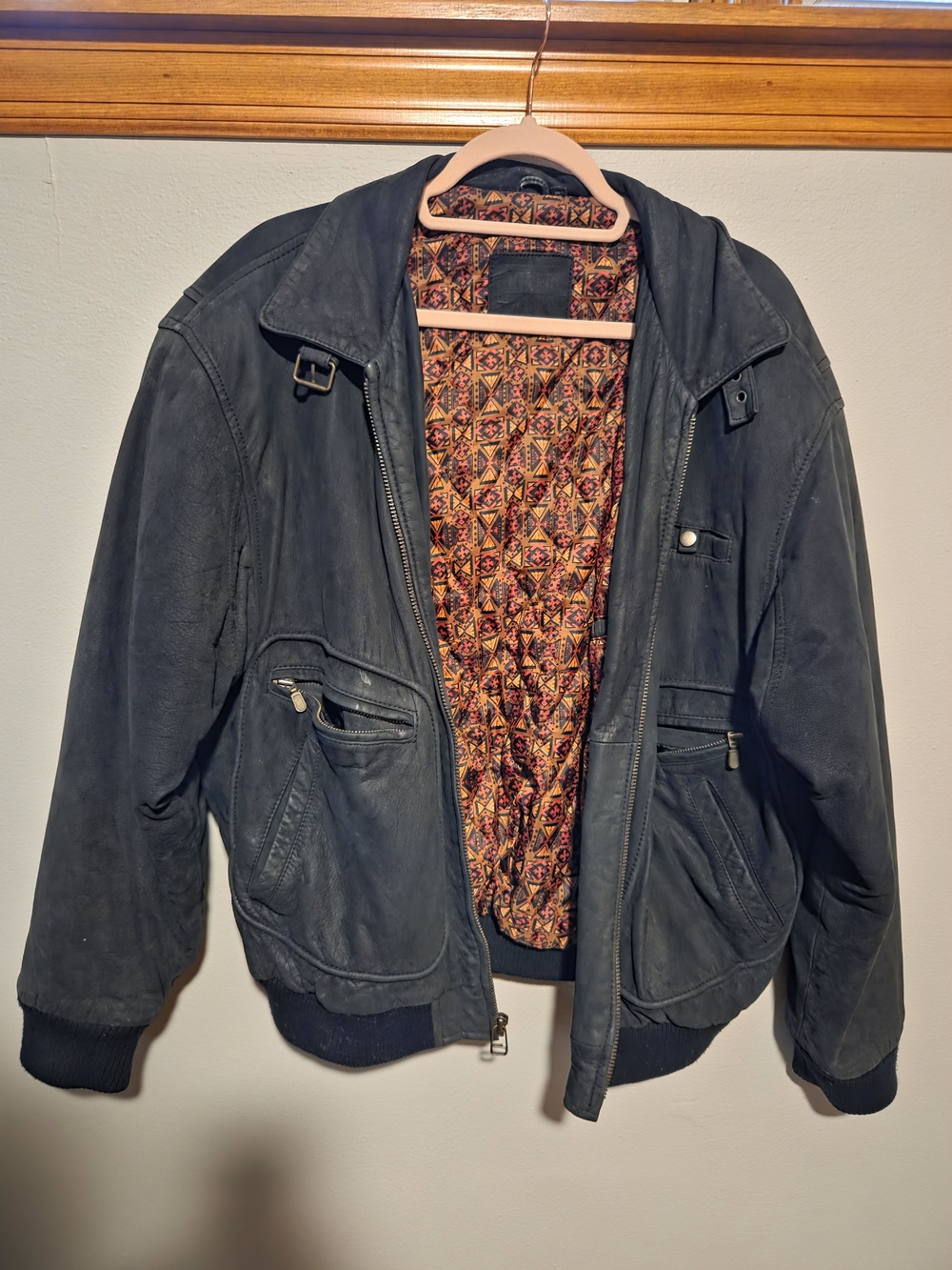 Vintage Black Suade Bomber Jacket with Patterned Lining